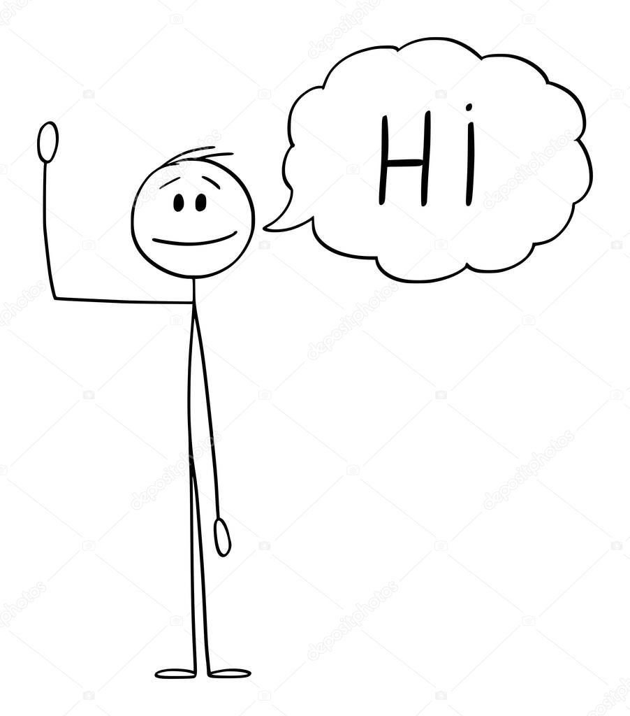 Vector Cartoon Illustration of Man or Businessman Waving his Hand and Greeting with Speech Bubble or Text Balloon Saying Hi