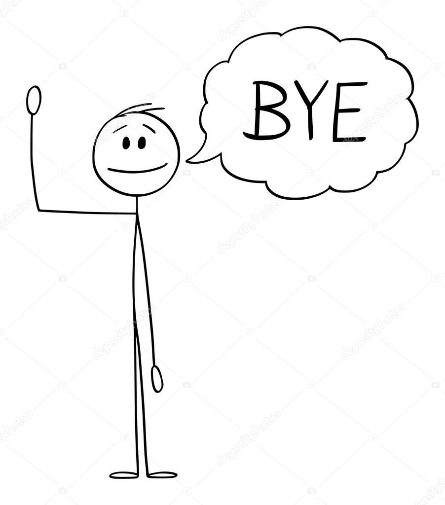 Vector Cartoon Illustration of Man or Businessman Waving his Hand and Greeting with Speech Bubble or Text Balloon Saying Bye