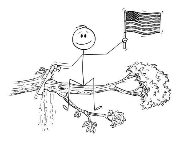 미국이나 미국의 국기를 흔들며 앉아 있는 나무 가지를 자르는 사람의 만화 — 스톡 벡터