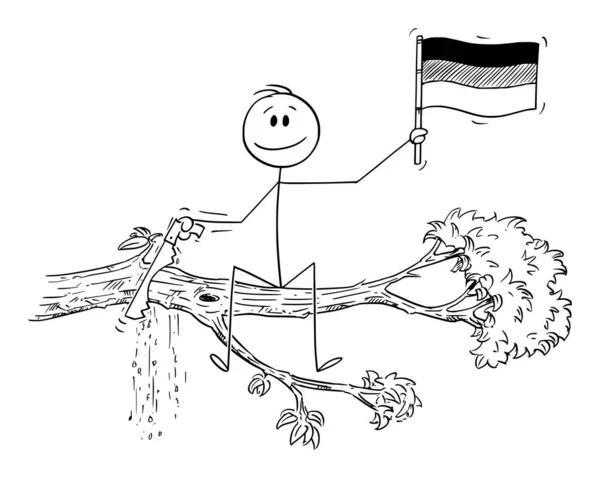 Cartoon of Man sventola la bandiera della Repubblica federale di Germania e taglia il ramo dell'albero su cui è seduto — Vettoriale Stock