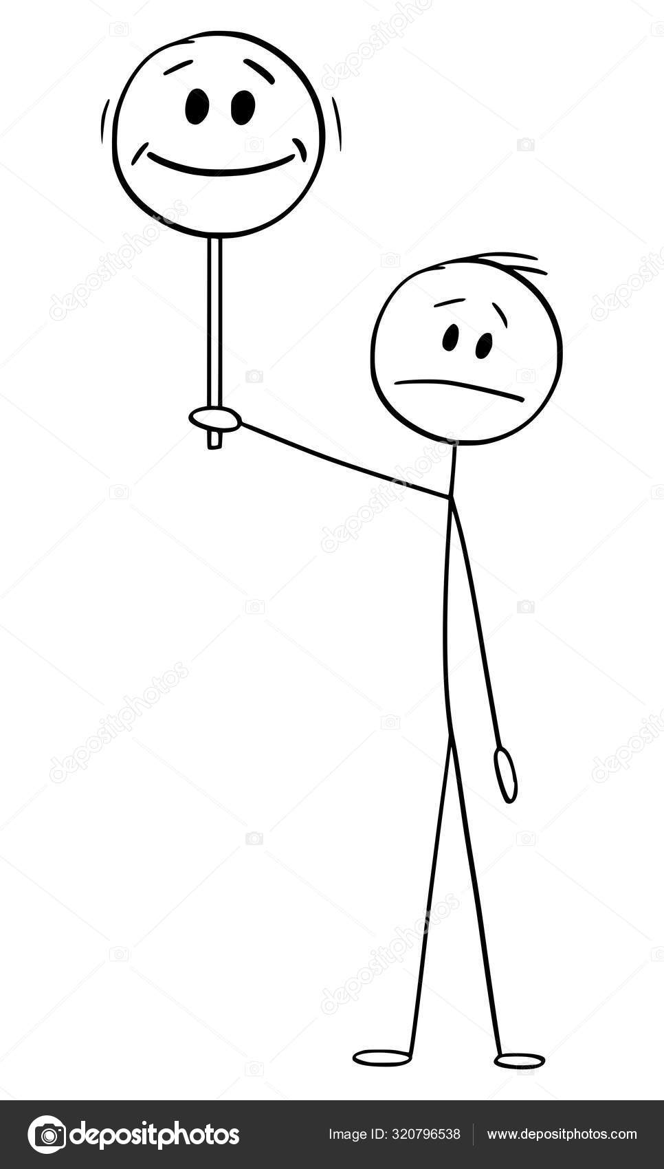 Ilustración de dibujos animados vectoriales de un hombre frustrado infeliz  o un hombre de negocios sosteniendo un signo de cara feliz Vector de stock  #320796538 de ©ursus@zdeneksasek.com, image size:966x1700