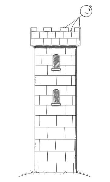 Vektor-Cartoon-Illustration eines Mannes oder Geschäftsmannes, der sicher im Inneren der Burg oder des Turms versteckt ist und Bedrohung, Gefahr und Krise beobachtet — Stockvektor