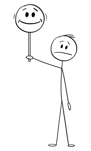 Vektor Tecknad Illustration av Olycklig Frustrerad Man eller Affärsman håller Happy Face Sign — Stock vektor