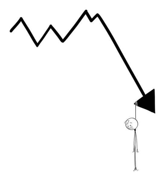 Ilustración de dibujos animados vectoriales del hombre o del hombre de negocios ahorcado en la flecha del gráfico financiero decreciente — Archivo Imágenes Vectoriales