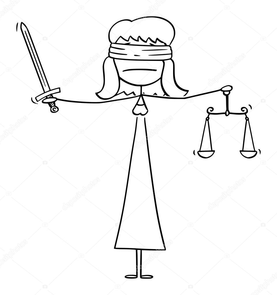 Vector Cartoon Illustration of Madam or Lady Justice, Blindfolded Woman with Sword and Balance Scales