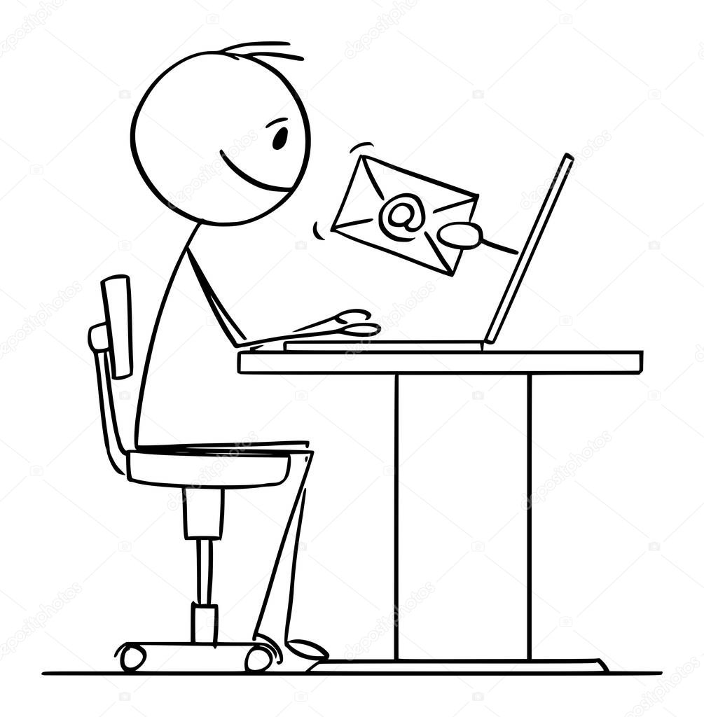 Vector Cartoon Illustration of Man or Businessman Working on Computer and Receiving Email