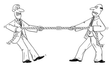 İple Halat Çekmece Oynayan İki İşadamı veya İş Rakiplerinin Vektör Çizgi Filmi.