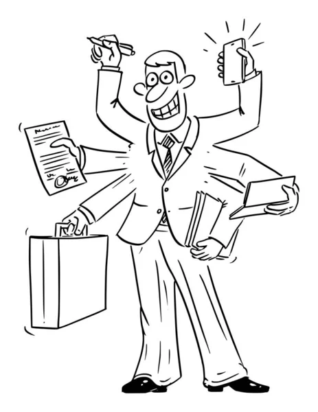 Vector Cartoon of Busy Confident Businessman with Many Hands Working on Many Tasks in same time — стоковый вектор
