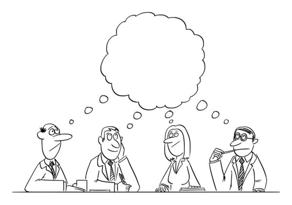 Vector Comic Cartoon of Business Team Meeting and Brainstorm. Team is Thinking and Brainstorming the Solution