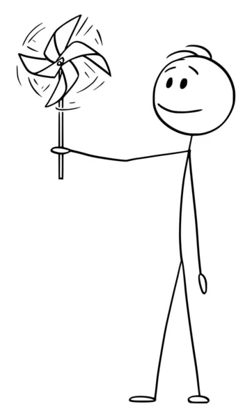 Vector Cartoon Illustration of Man Holding Pinwheel o mulino a vento. Concetto di energia eolica — Vettoriale Stock