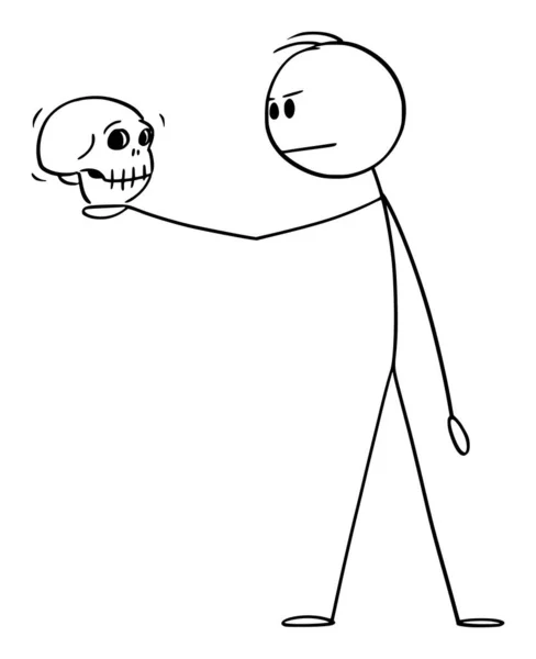 人間の頭蓋骨を保持する劇的なポーズの男のベクトル漫画のイラスト.ハムレットを演じる俳優 — ストックベクタ