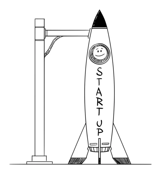 Ilustración de dibujos animados vectoriales de cohete espacial en la plataforma de lanzamiento, concepto de negocio de inicio — Vector de stock