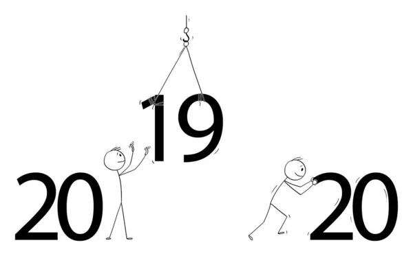 2018 년 1 월 20 일에 확인 함 . vector cartoon illustration of men or businessmen changing year numbers, text, sign or letters in 2020 — 스톡 벡터