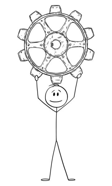 Vektorové kreslené ilustrace člověka nebo podnikatele držící velké ozubené kolo, kolečko nebo ozubené kolo — Stockový vektor