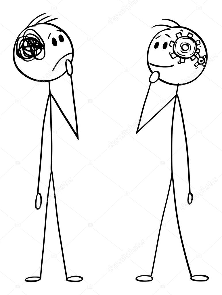 Vector Cartoon Illustration of Two Men or Businessmen Thinking, Difference Between Simple Straightforward Neat and Messy Thinking