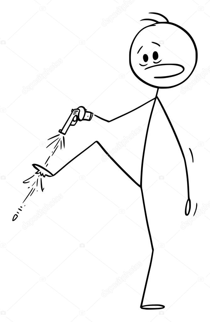 Vector Cartoon Illustration of Man or Businessman with Handgun Shooting Yourself in the Foot
