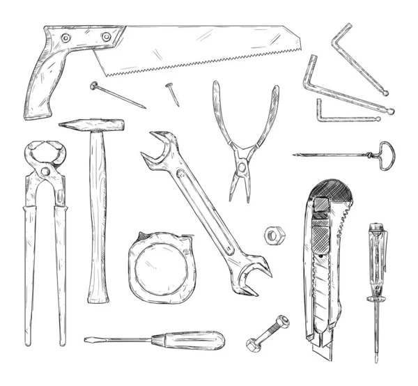 Conjunto de herramientas de trabajo. Vector dibujado a mano Ilustración en blanco y negro — Vector de stock