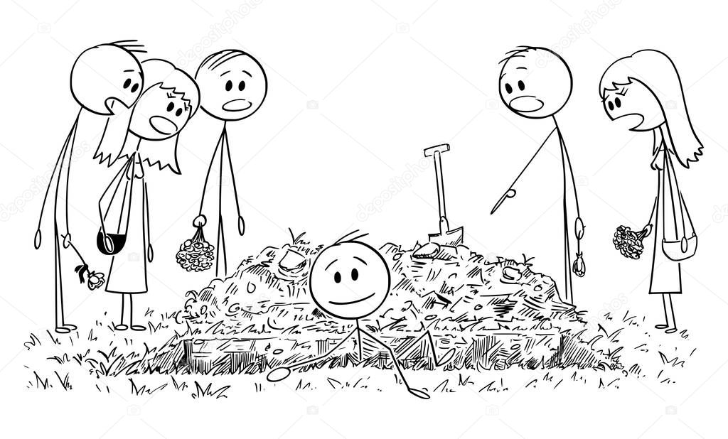 Vector Cartoon Illustration of Shocked People, Friends or Family Members on Burial Ceremony. Buried Alive Man is Coming Out of the Grave