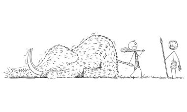 Tarih Öncesi İnsan veya Mağara Adamı Ölü Mamutu Çekerken Vector Çizgi Filmi Fare Avcısı Şok Oldu. Başarı ve Rekabet kavramı.