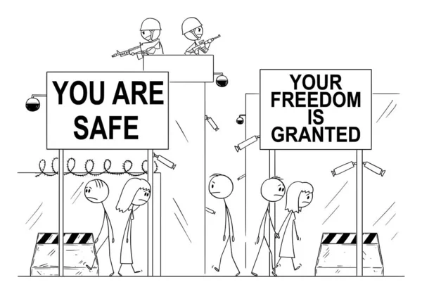 Vektor-Cartoon-Illustration von Menschen, die auf der Straße in einer Welt gehen, in der alle Freiheit für die Sicherheit und Sicherheit verloren wurde. Kameras, Soldaten und Stacheldraht überall. — Stockvektor