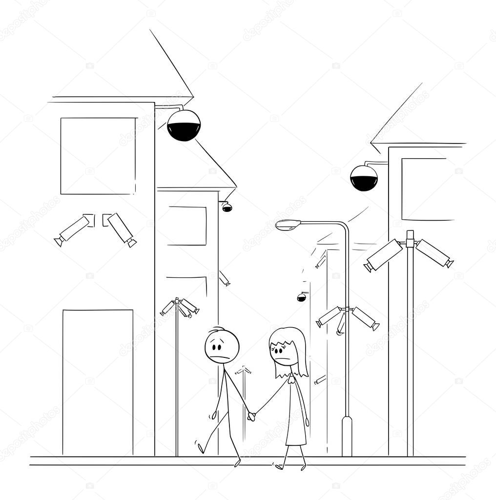 Vector Cartoon Illustration of Man and Woman Walking on the Street with Security Surveillance Cameras Everywhere. Living in Unfreedom Society or Dictatorship