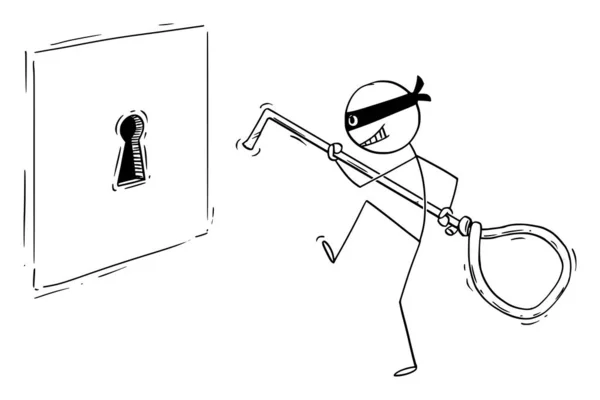 Vektorové kreslené ilustrace člověka v masce nebo zloděje nebo kriminální plížení se s Picklockem do klíčové dírky pro otevření zámku a krádež peněz — Stockový vektor