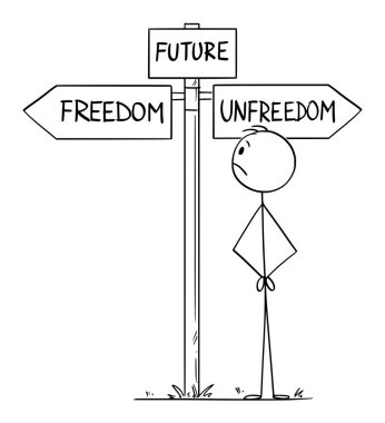 Vector Cartoon Illustration of Man Representing Human Civilization or Mankind Choosing the Future Between Freedom and Unfreedom clipart