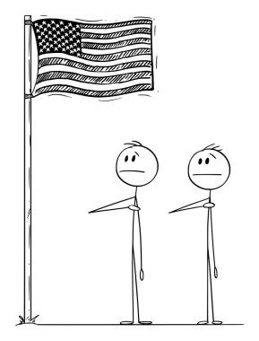 Vector Cartoon Illustration of Two Men or Businessmen or Politicians Saluting the US or American Flag with Right Hand on Heart. clipart
