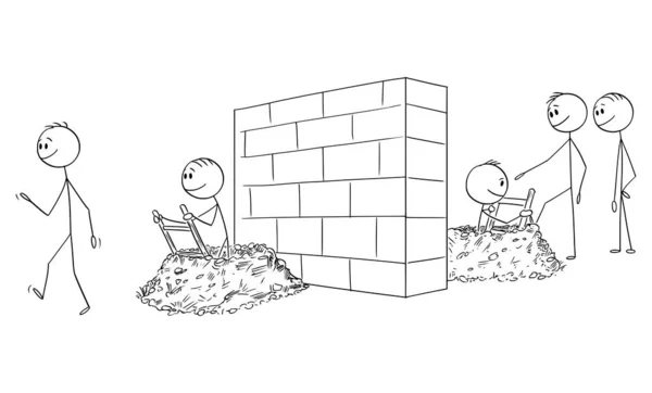 Vektor-Cartoon-Illustration einer Gruppe von Männern, Geschäftsleuten oder Einwanderern, die einen Tunnel unter dem Hindernis oder der Mauer an der Grenze oder auf dem Weg zum Erfolg graben — Stockvektor