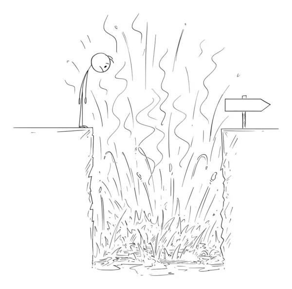 Vektorové kreslené ilustrace člověka nebo podnikatele při pohledu na horkou lávu a oheň jako překážku na jeho cestě k úspěchu nebo kariéře — Stockový vektor