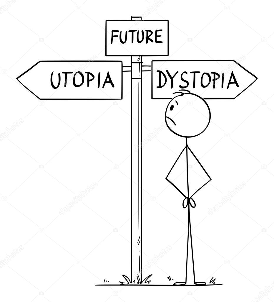 Vector Cartoon Illustration of Man Representing Human Civilization or Mankind Choosing the Future Between Utopia and Dystopia
