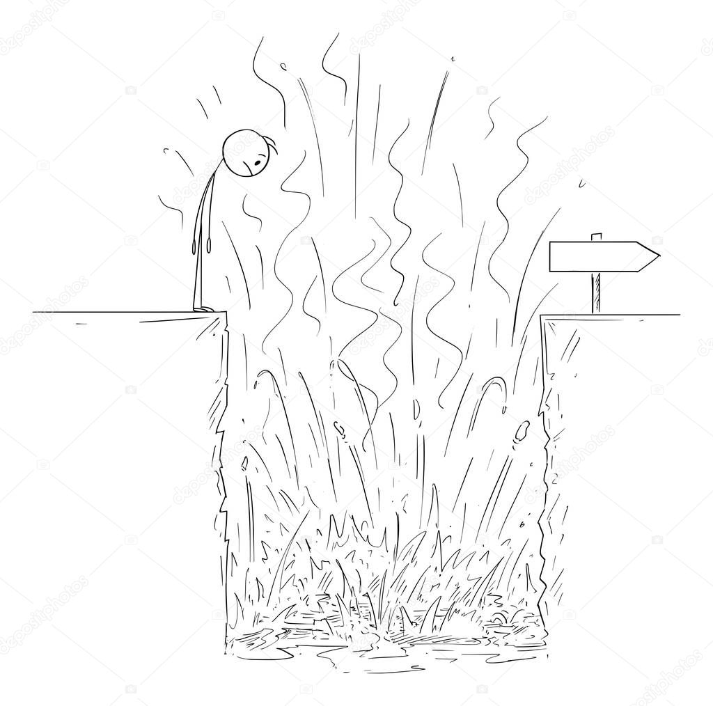 Vector Cartoon Illustration of Man or Businessman Looking at Hot Lava and Fire as Obstacle on His Way to Success or Career