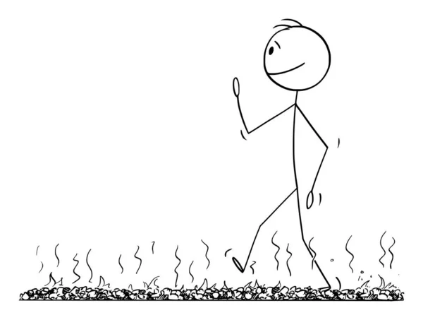 Ilustração dos desenhos animados do vetor da caminhada da fogueira, do homem que caminha ou do firewalking descalço sobre a cama dos Embers ou das pedras quentes — Vetor de Stock