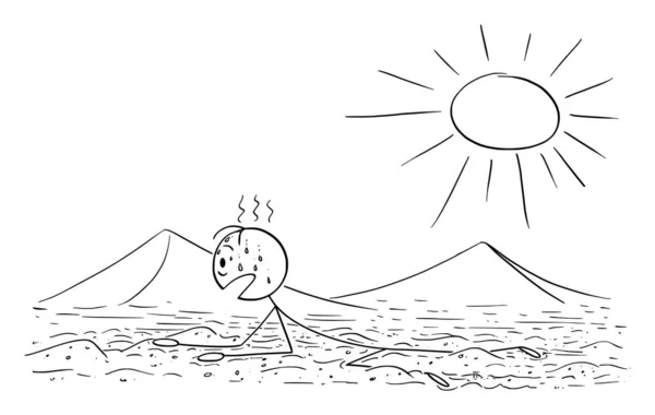 Ilustración de dibujos animados vectoriales del hombre, turista o viajero arrastrándose o arrastrándose en el desierto de arena caliente en el sol — Vector de stock
