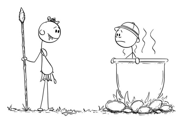 Wektor Cartoon Ilustracja rdzennego kanibala ślinotok patrząc na zachodniego lub europejskiego podróżnika gotowane w dużym kotle — Wektor stockowy