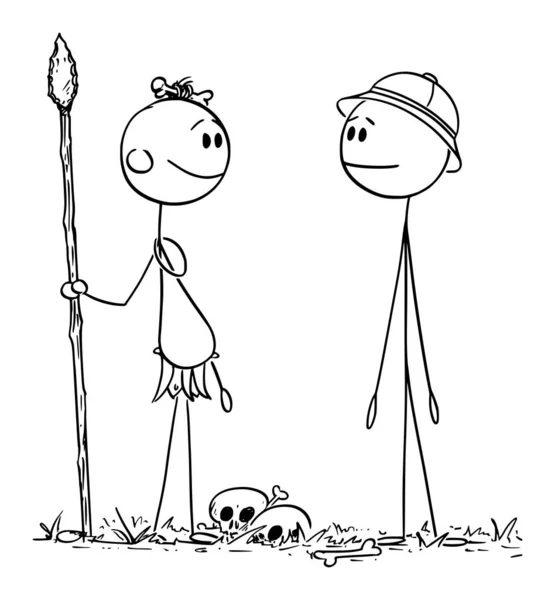 Ilustración de dibujos animados vectoriales del hombre caníbal nativo que habla con un viajero o turista occidental o europeo — Vector de stock