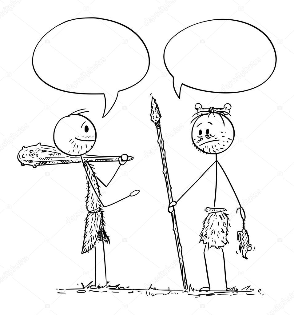 Vector Cartoon Illustration of Two Cavemen, Prehistoric or Native or Indigenous Men Talking or Having Conversation. There Are Empty Speech Bubbles for Your Text.
