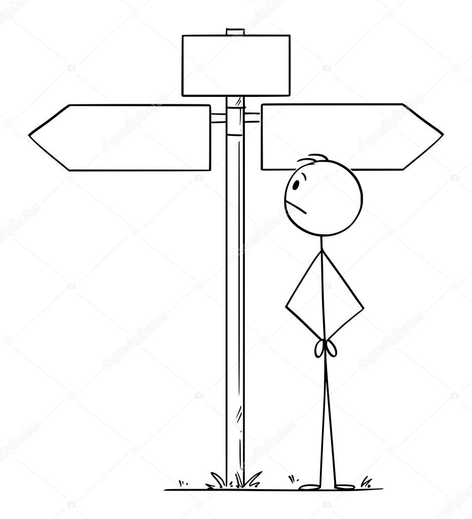 Vector Cartoon Illustration of Man or Businessman Standing on the Crossroad and Watching Empty Arrow Sign Pointing Left and Right