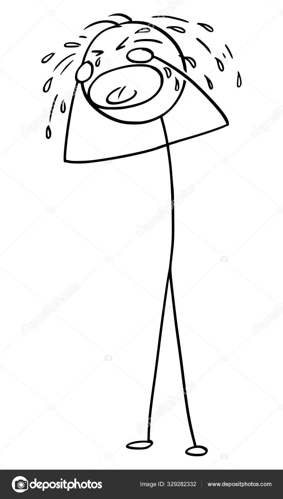 Vector cartoon stick figure drawing conceptual illustration of sad