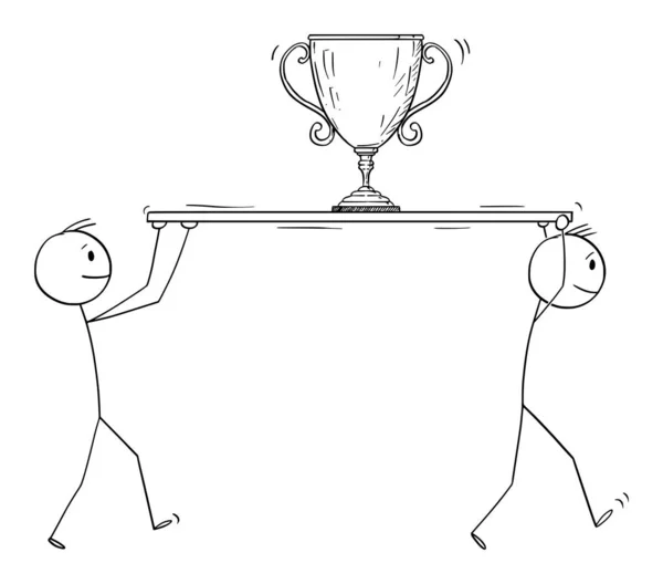 Vector Cartoon Illustratie van twee succesvolle mannen of zakenlieden dragen grote winnaar trofee of Victory Reward Cup. Begrip zakelijk succes. — Stockvector