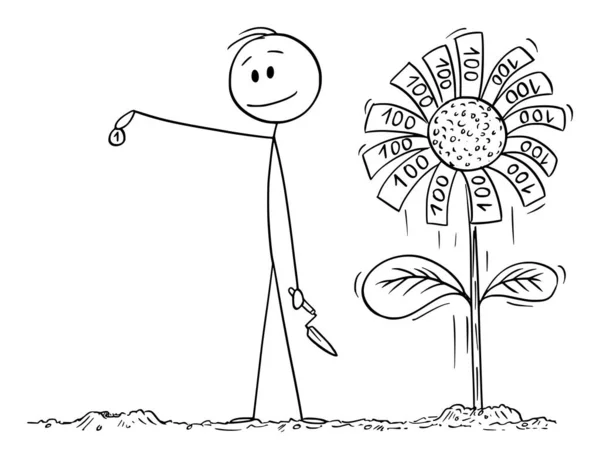 Vector Cartoon Illustration of Man or Businessman Seeding Coin to Ground to Plant Money ou Banknote ou Bill Flower. Conceito de Investimento e Sucesso . —  Vetores de Stock