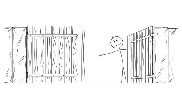 Ilustração dos desenhos animados vetoriais do homem ou do homem de negócios atrás do portão aberto que convida para passar por dentro ou entrar —  Vetores de Stock