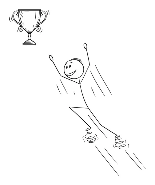Vector cartoon illustratie van de mens of zakenman springen op veren voor Victory Winner Trophy Cup — Stockvector