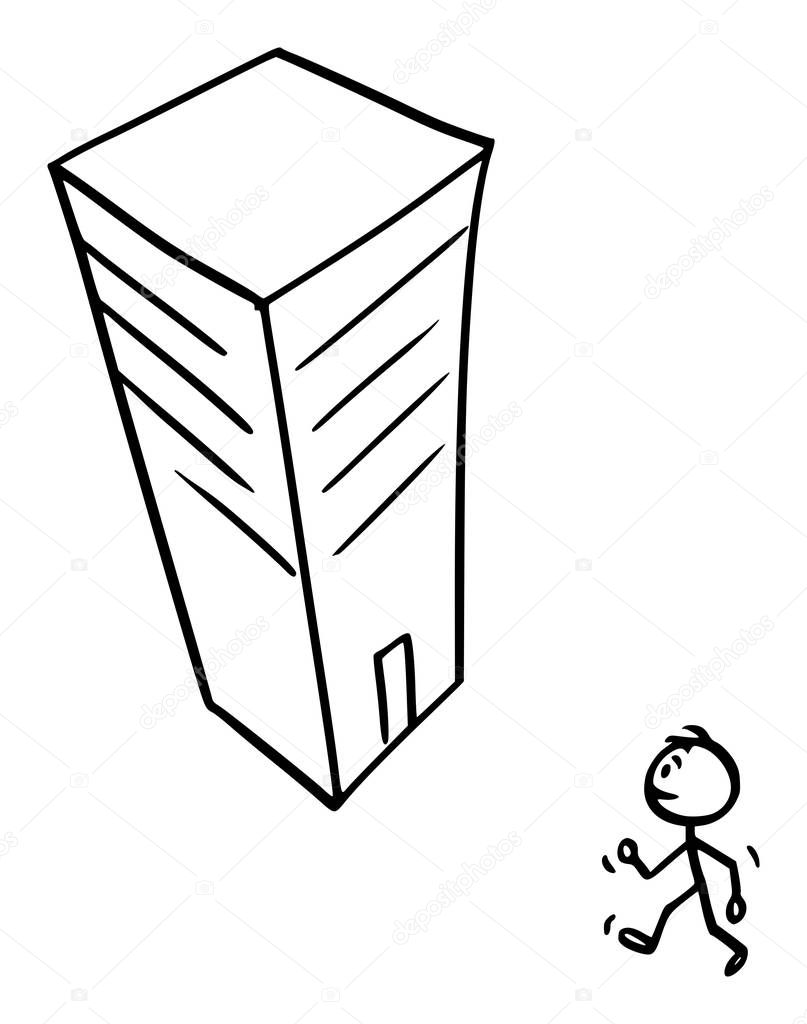 Vector Cartoon Illustration of Man or Businessman Walking in Modern High Skyscraper Office or Commercial Building, Job or Work.