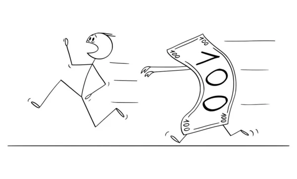 Vector Cartoon Illustration of Man or Businessman Running Chased by Money Bill o Banknote. Concetto di avidità o consumismo o problema finanziario . — Vettoriale Stock