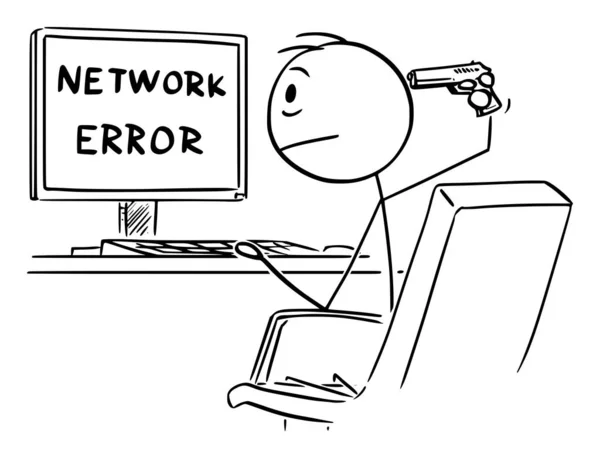Ilustração de desenhos animados vetorial de homem desesperado ou empresário trabalhando no computador e assistindo mensagem de erro de rede vai matar-se com arma de mão —  Vetores de Stock
