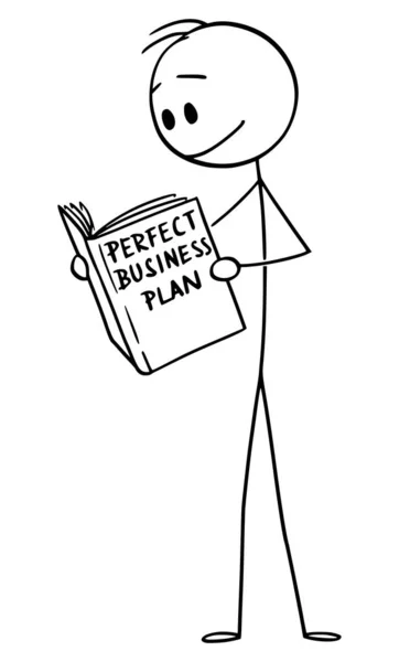 Векторная карикатура на бизнесмена или предпринимателя Читая книгу о том, как создать идеальный бизнес-план — стоковый вектор