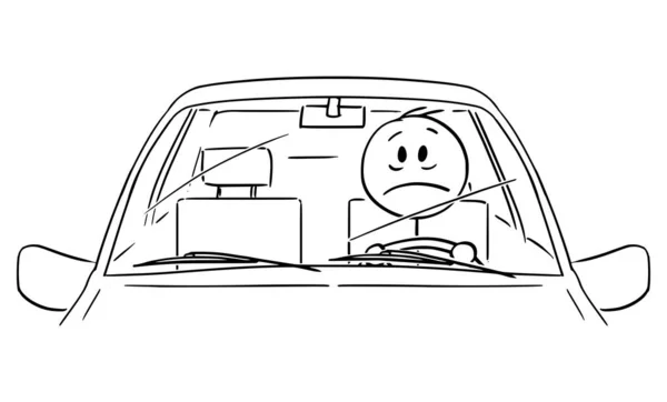 Vector Cartoon Illustration of Unhappy or Stressed Man or Driver Driving a Car — 스톡 벡터