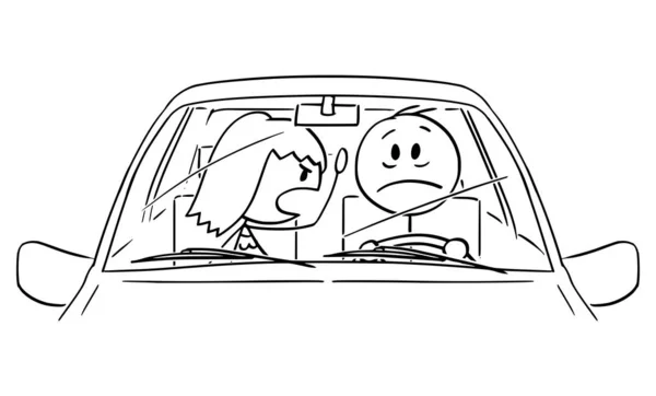 Wektor Cartoon Ilustracja nieszczęśliwy lub zestresowany człowiek lub kierowca jazdy samochodem, gdy jego żona krzyczy na Niego — Wektor stockowy
