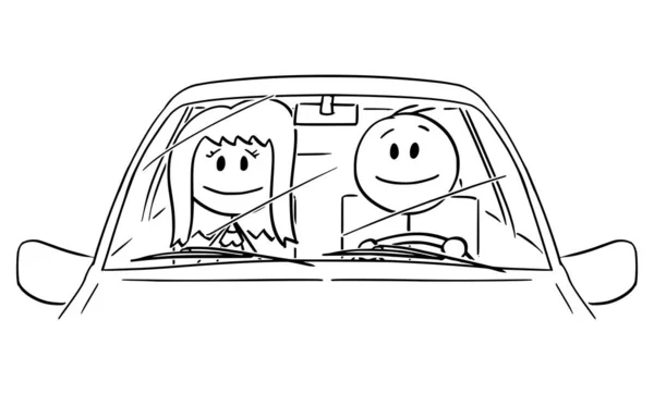 Ilustración de dibujos animados vectoriales de feliz sonriente pareja de mujer y hombre o conductor conduciendo un coche y disfrutando del viaje — Vector de stock